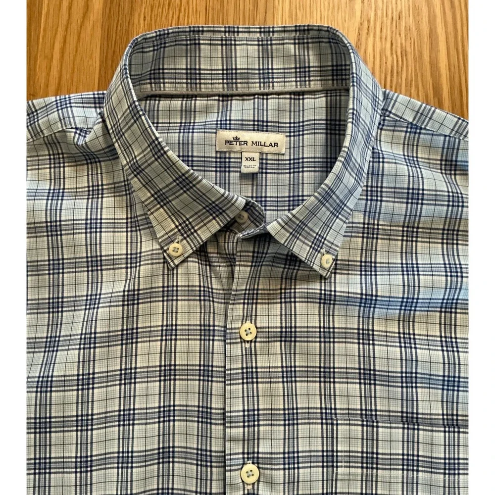 Peter Millar XXL Blue Plaid Long Sleeve Button Down Shirt Cotton Stretch